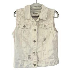 Vintage Y2K Mudd Lace Distressed White Denim Vest Womens M Cowgirl Western Boho